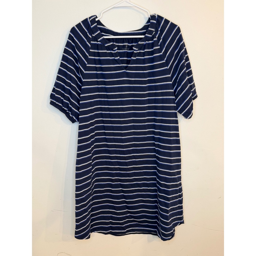 Cuddl Duds Womens Oxford Navy Blue White Striped Split Neck Shift Dress Large